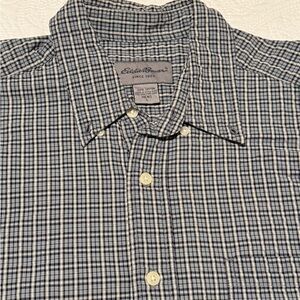 Eddie Bauer Men's Navy and White Checkered Short-sleeved Shirt